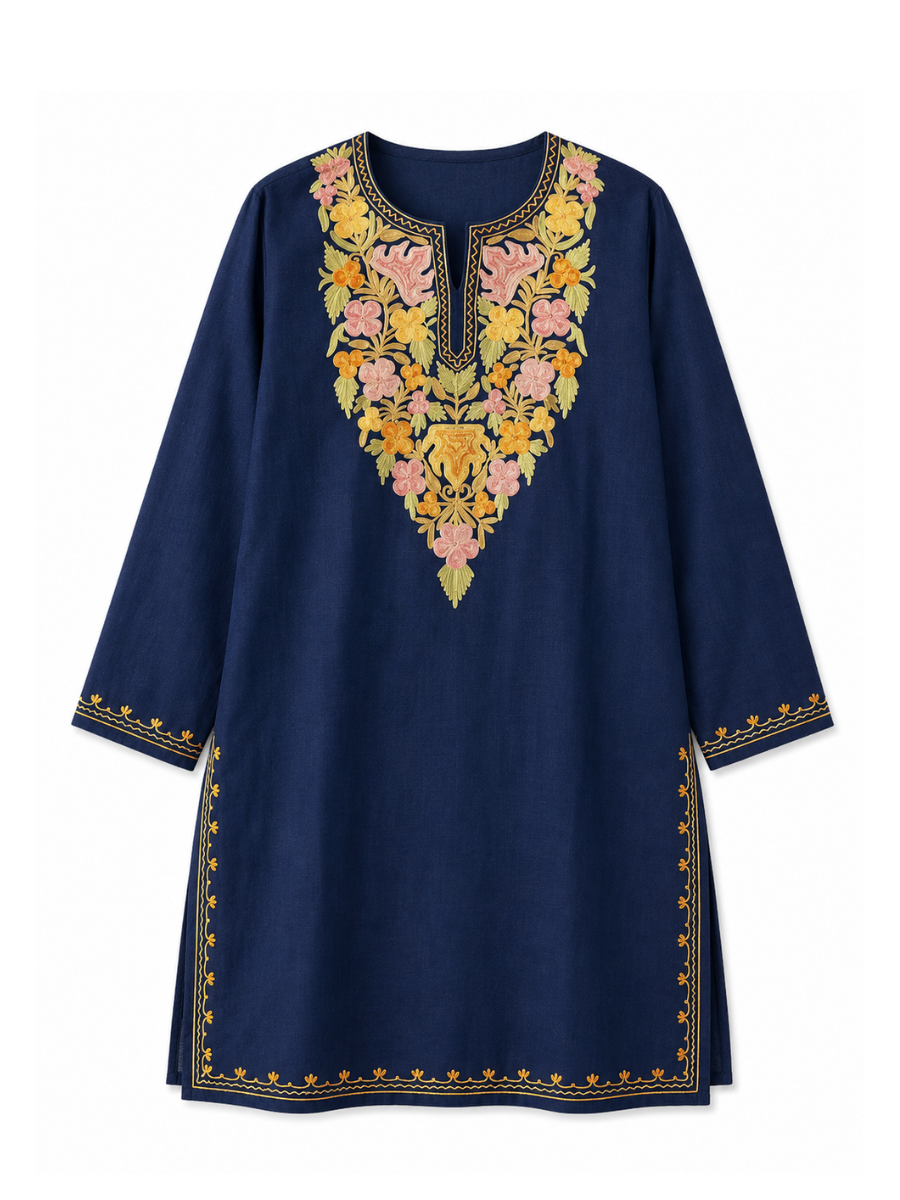 Kashmiri Manual Aari worked cotton Co-Ord Set | Indigo Blue